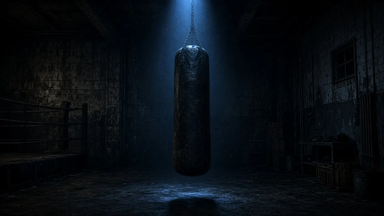 A heavy punching bag hanging under a single blue spotlight in an empty gym