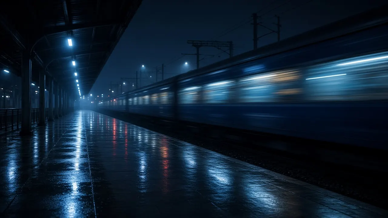 A train blurring away from an empty rain-soaked platform at night