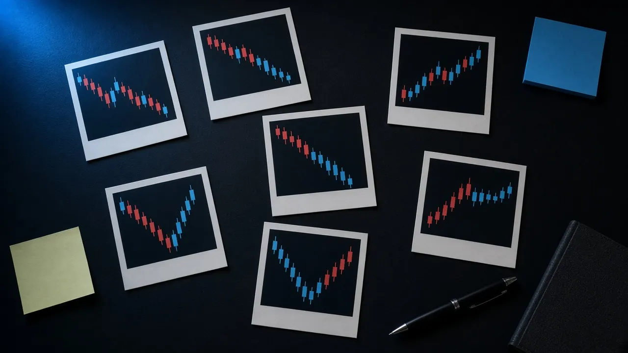 Printed snapshots of different candlestick patterns scattered across a dark desk with sticky notes