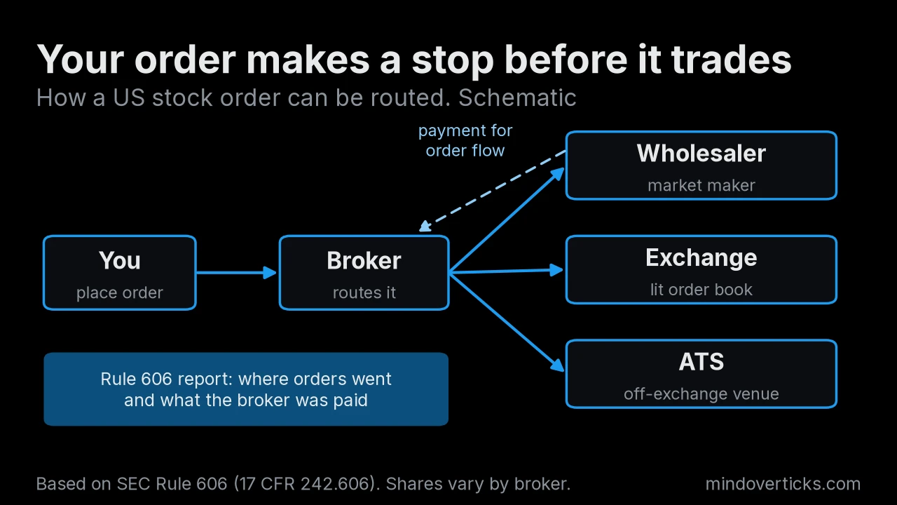 Schematic: your order goes to your broker, which can route it to a wholesaler market maker, an exchange or an alternative trading system; the wholesaler may pay the broker for order flow, and the broker's Rule 606 report discloses the venues and payments.