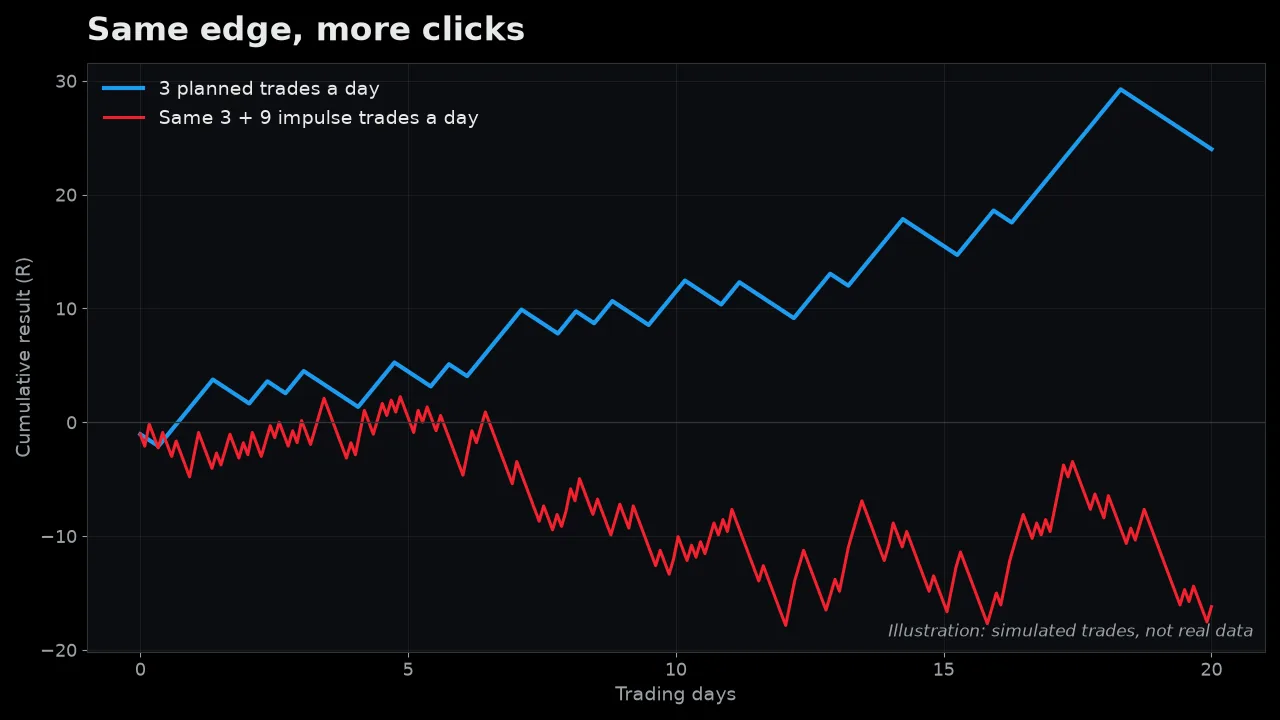Line chart comparing two simulated equity curves: a steady rising blue line for 3 planned trades a day and a choppy falling red line for the same trades plus 9 impulse trades a day
