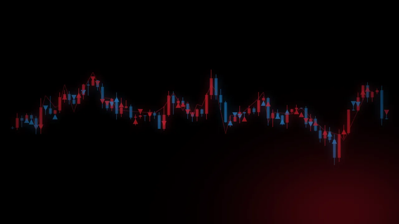 A choppy candlestick chart on a black screen, crowded with dozens of red and blue entry markers