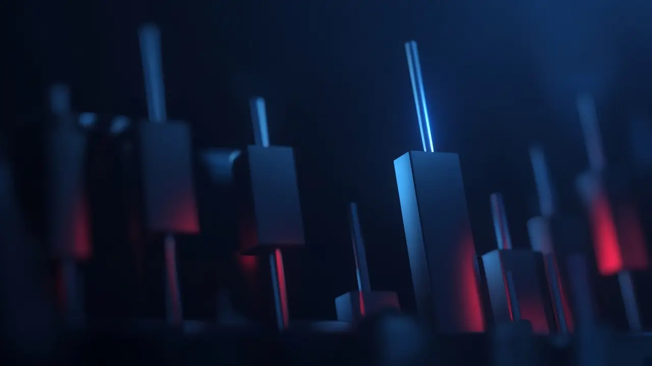 Close-up of glowing abstract candlesticks in blue and red light