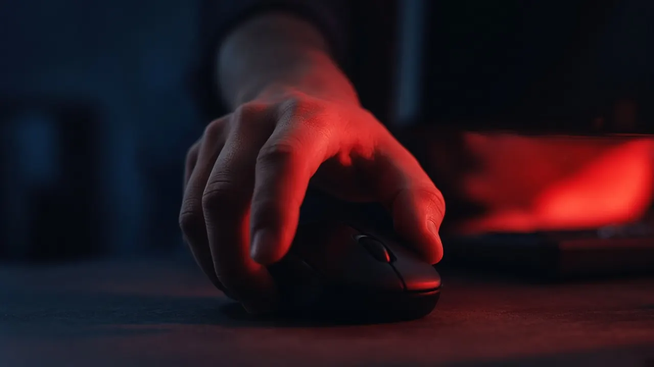 A hand resting on a computer mouse lit red by a monitor, about to click