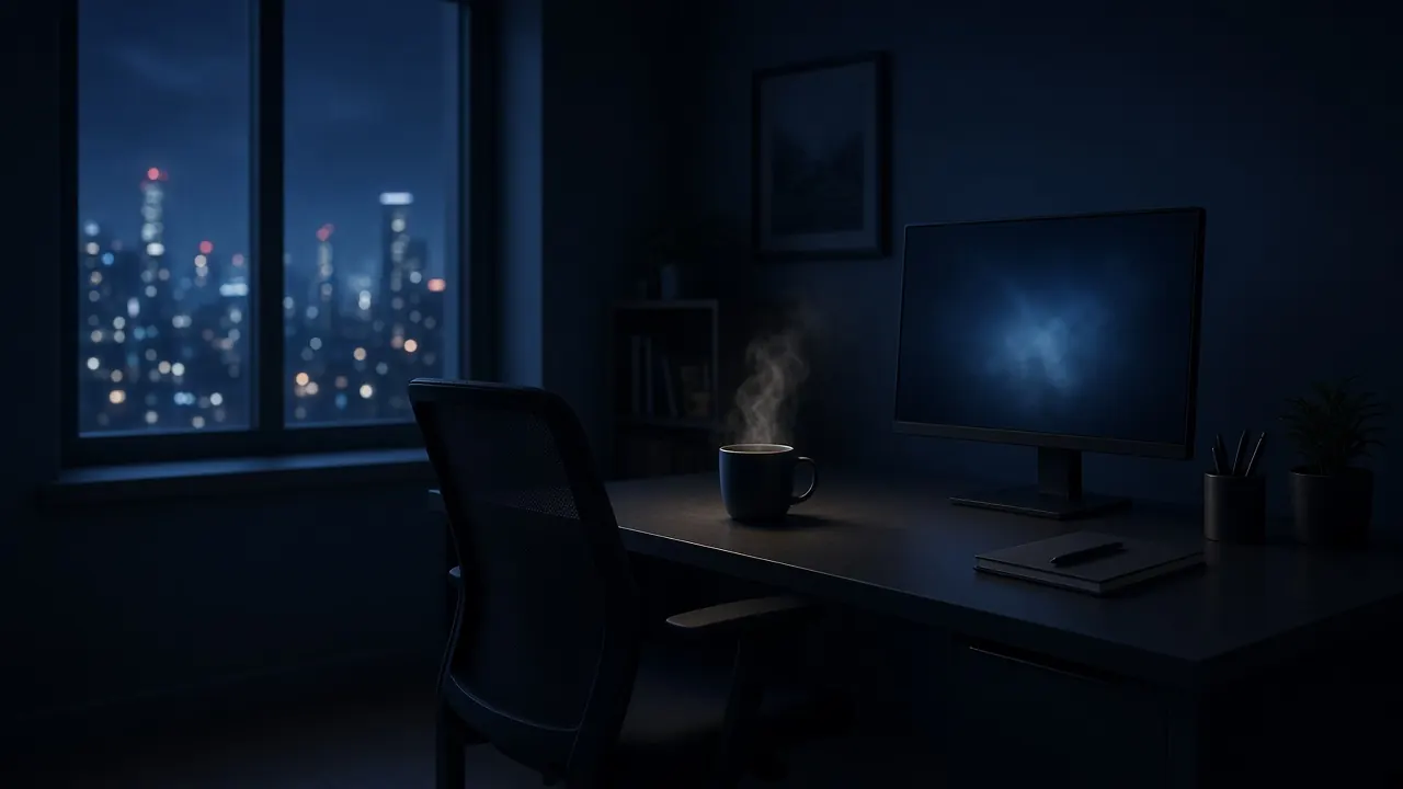 An empty desk chair pushed back from a glowing monitor, steaming coffee beside it, city lights outside