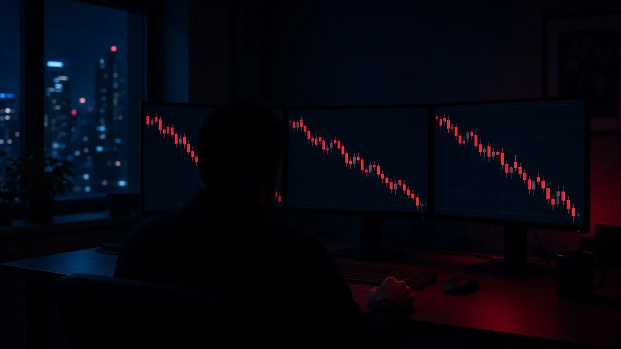 Silhouette of a trader at three monitors full of red falling candles at night