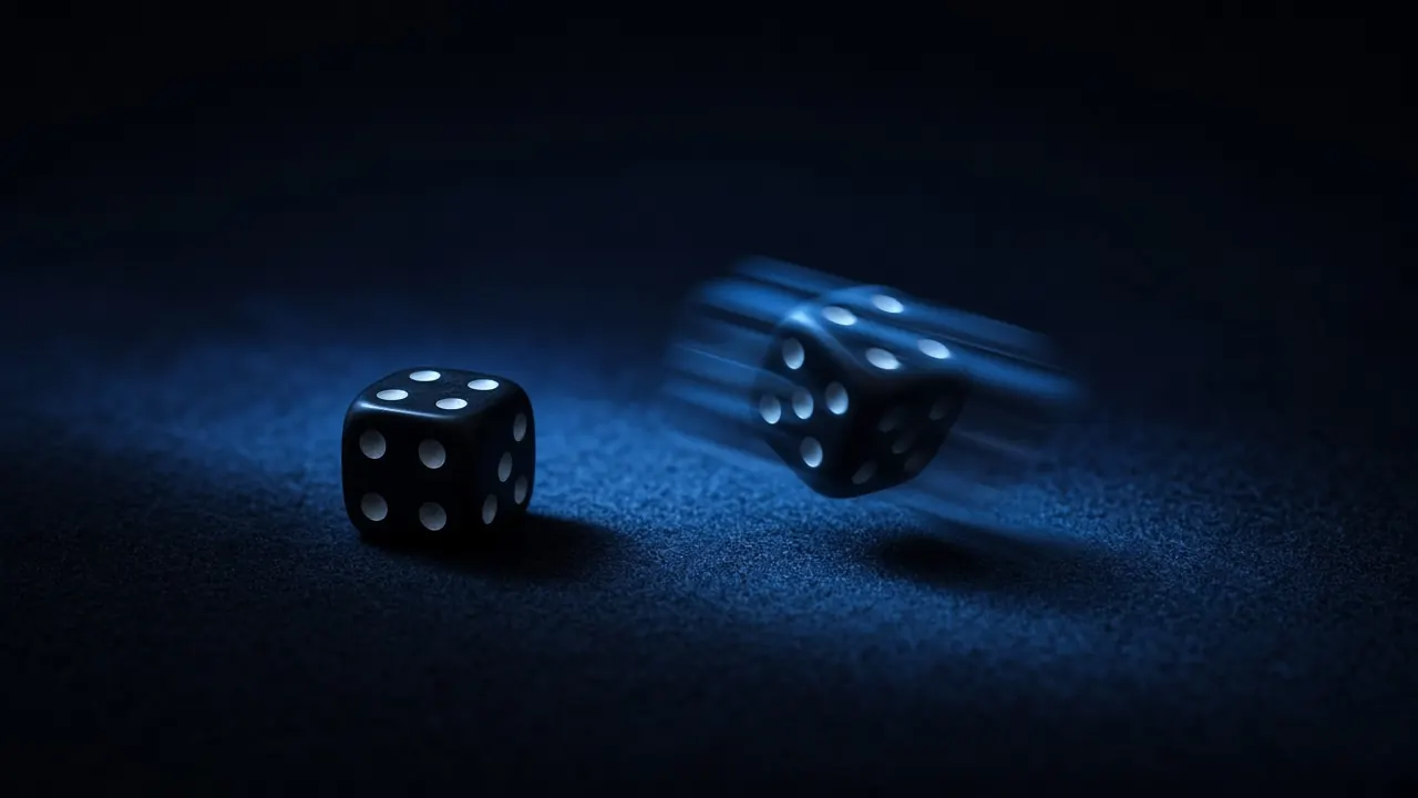 Two dice on dark felt, one tumbling with motion blur under blue light