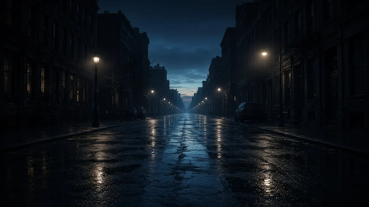 A rain-soaked city street at night with the first blue light of dawn at the far end