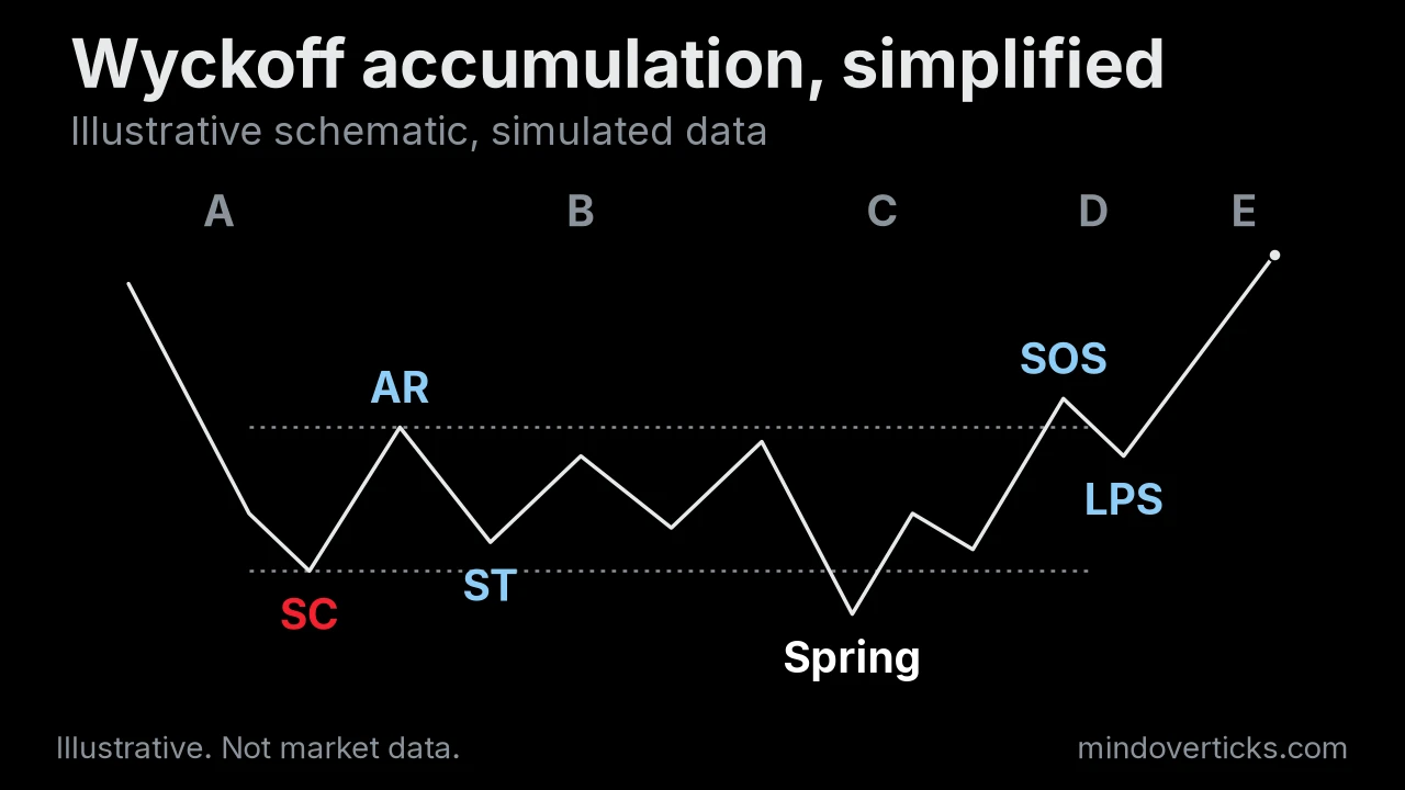 A simplified Wyckoff accumulation diagram labeled SC, AR, ST, Spring, Test, SOS and LPS across phases A to E